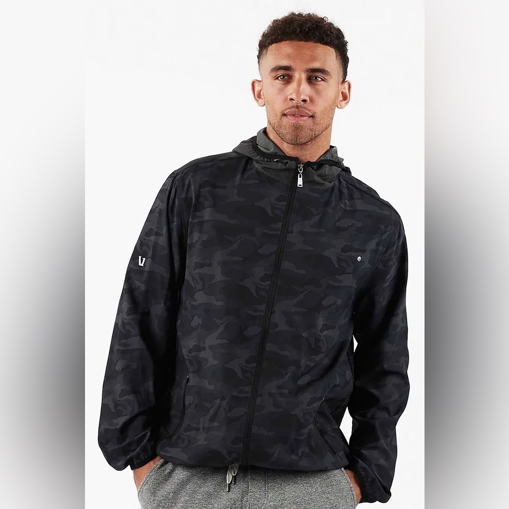 Vuori Men’s Unisex Outdoor Trainer Shell Zip Up Hooded Jacket Black Camo Barry’s
